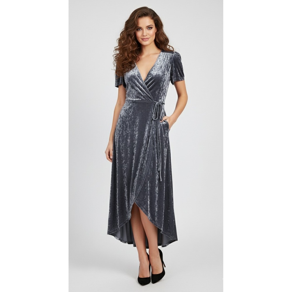 Xhilaration Maxi Dress Womens M Gray Crushed Velvet Wrap Evening Formal Cocktail